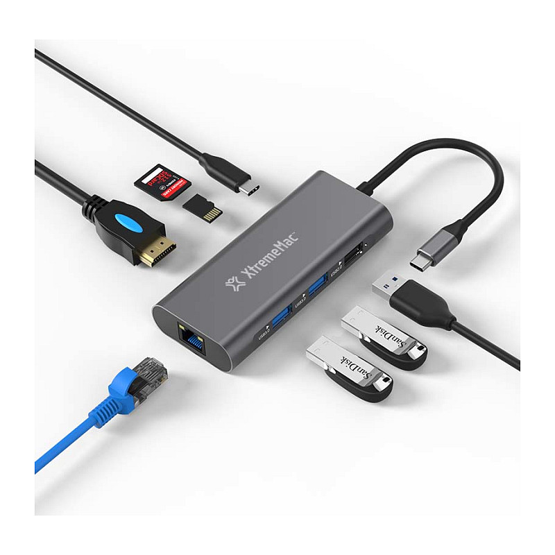 Hub USB-C XtremeMac XWH-HUB8-13, 8-port, HDMI 4K, 3x USB-A, SD/microSD, Ethernet Gigabit, USB-C PD 100W - Hiri 2