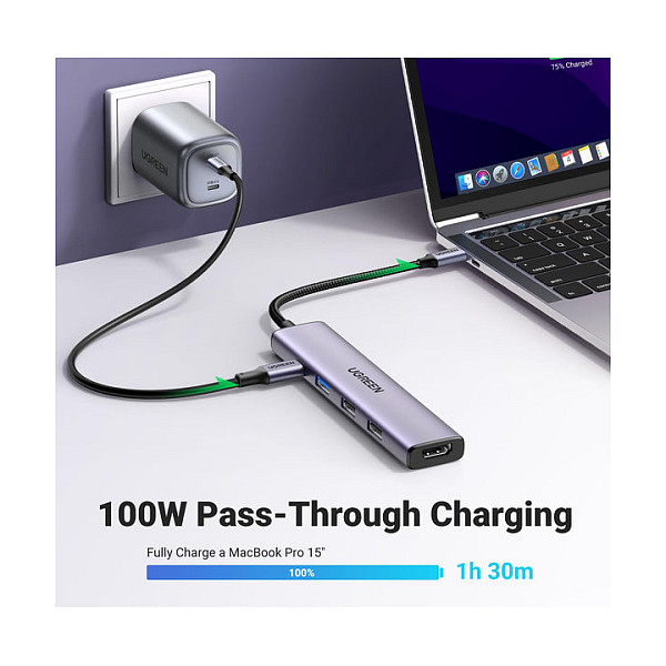 Hub UGREEN 15495 / 5-in-1 / USB-C / 100W PD / HDMI / 3x USB-A / 4K@30Hz / 5Gbps - Gri 2