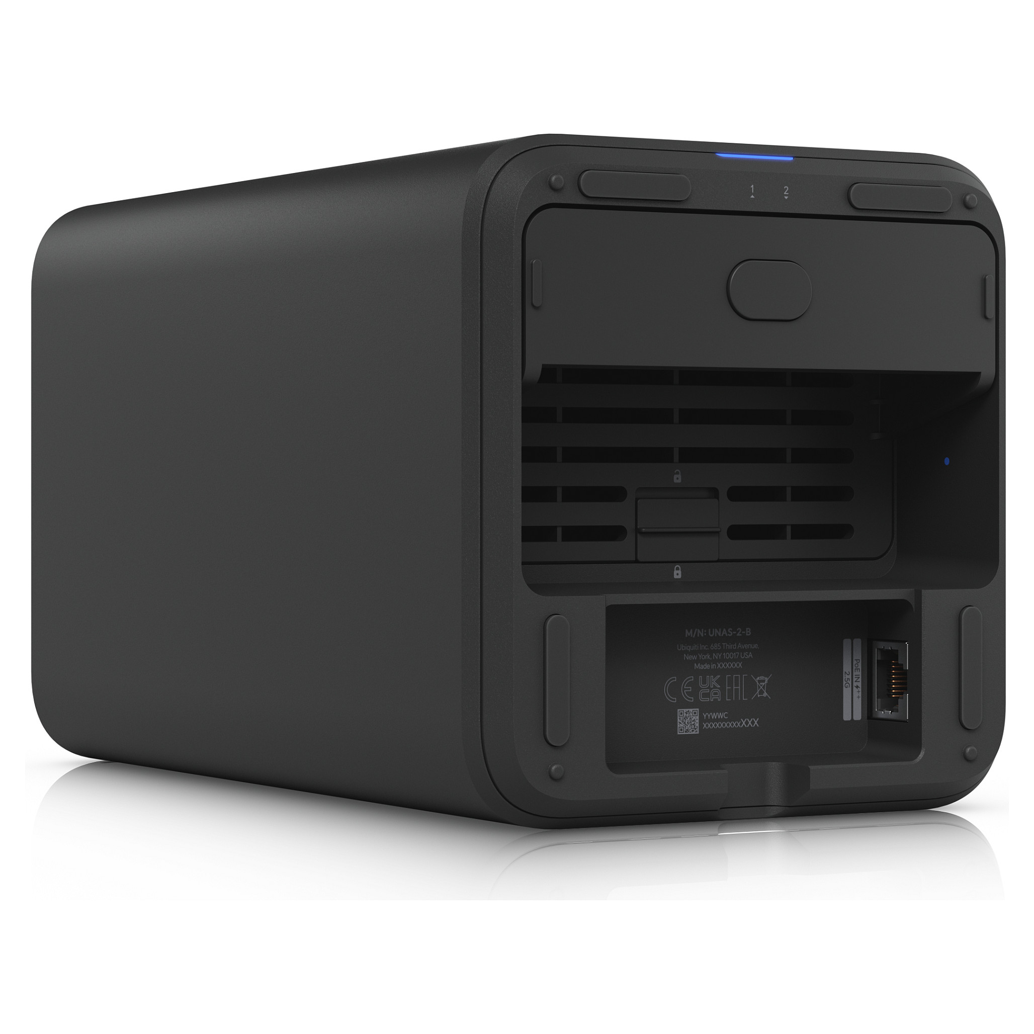 Ubiquiti UniFi UNAS-2-B – 2-Bay NAS, 2x SATA HDD, RAID 1, 2.5GbE, USB-C, PoE++, UniFi Drive Private Cloud 7