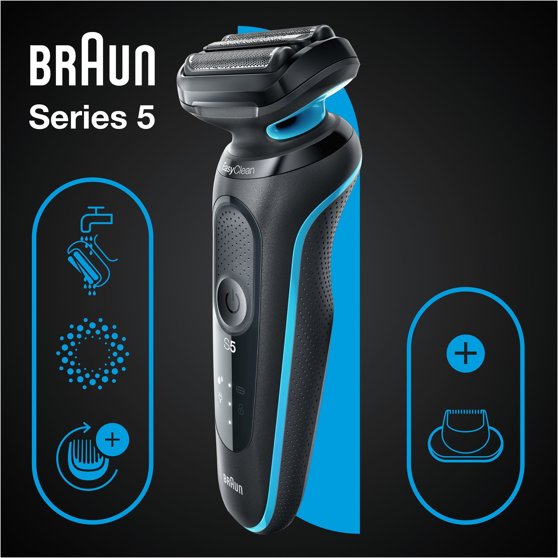 Makinë e rrojës Braun Series 5 51-M1200s, 3 elemente rroje, AutoSense, Wet & Dry, 50 minuta - Zezë/Blu 4
