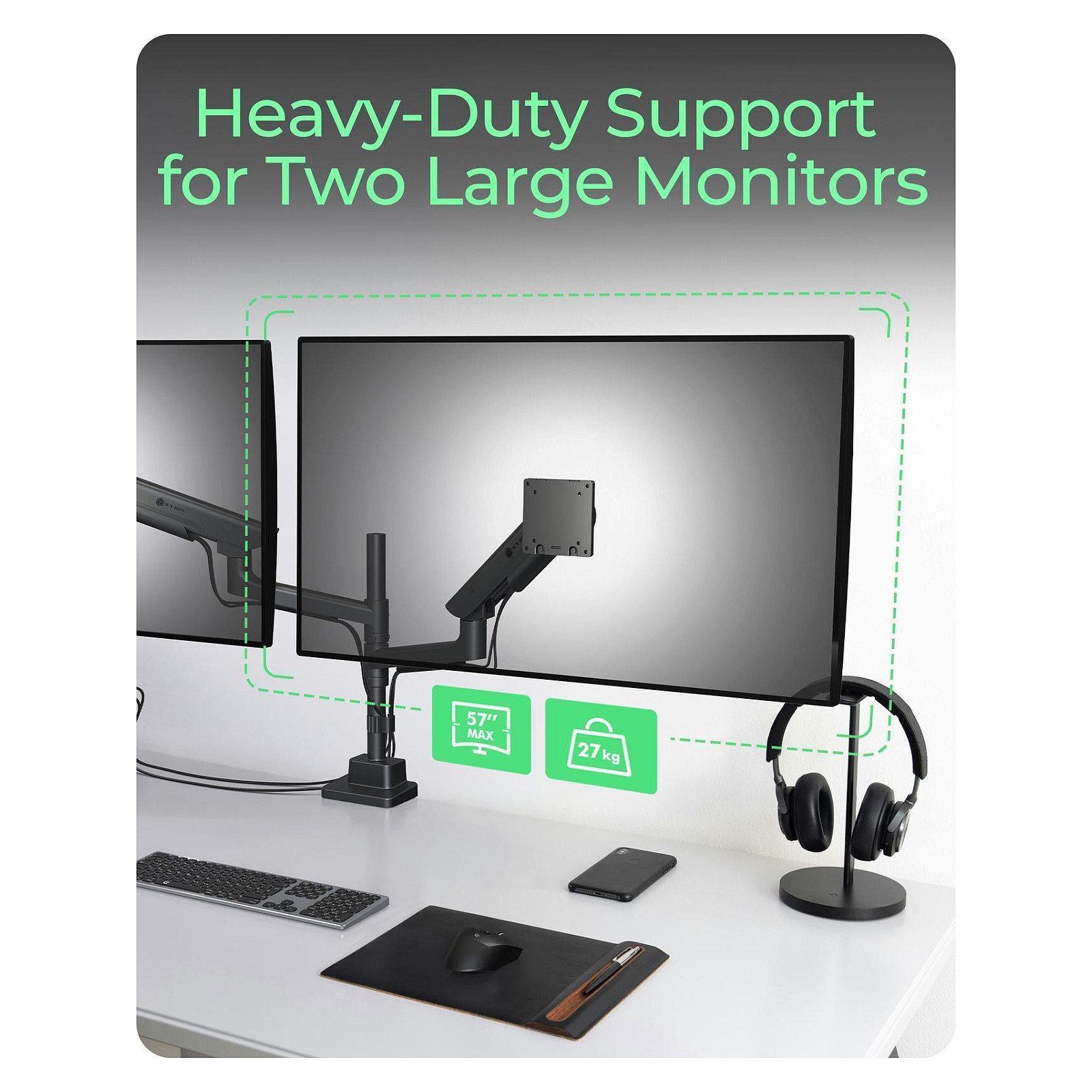 Mbajtëse për Monitor ICY BOX IB-MS702-T / 2 Monitorë / 13–27" / deri 7kg për Monitor / VESA 75x75 & 100x100 / Gas Spring / Rotacion 360° - Zezë 2