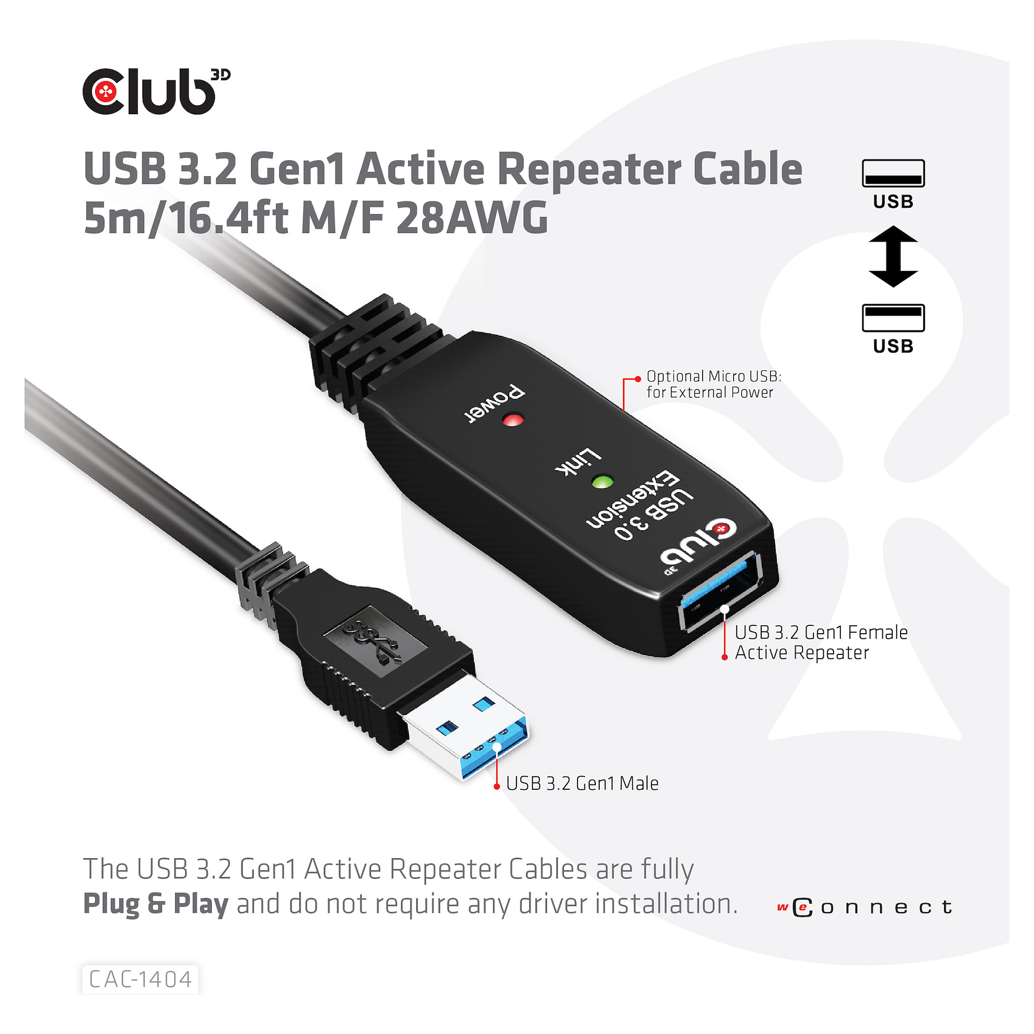 Kabllo USB CLUB3D CAC-1404, USB-A mashkull në USB-A femër, 5 m, USB 3.2 Gen 1, 5 Gbps, aktive - Zezë 3