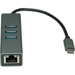 Hub USB-C ROLINE 12.02.1127, 3x USB-A 3.2 Gen 1, 5 Gbps, Gigabit Ethernet RJ45, Kabllo 10 cm, Korpus Alumini – Argjend 2