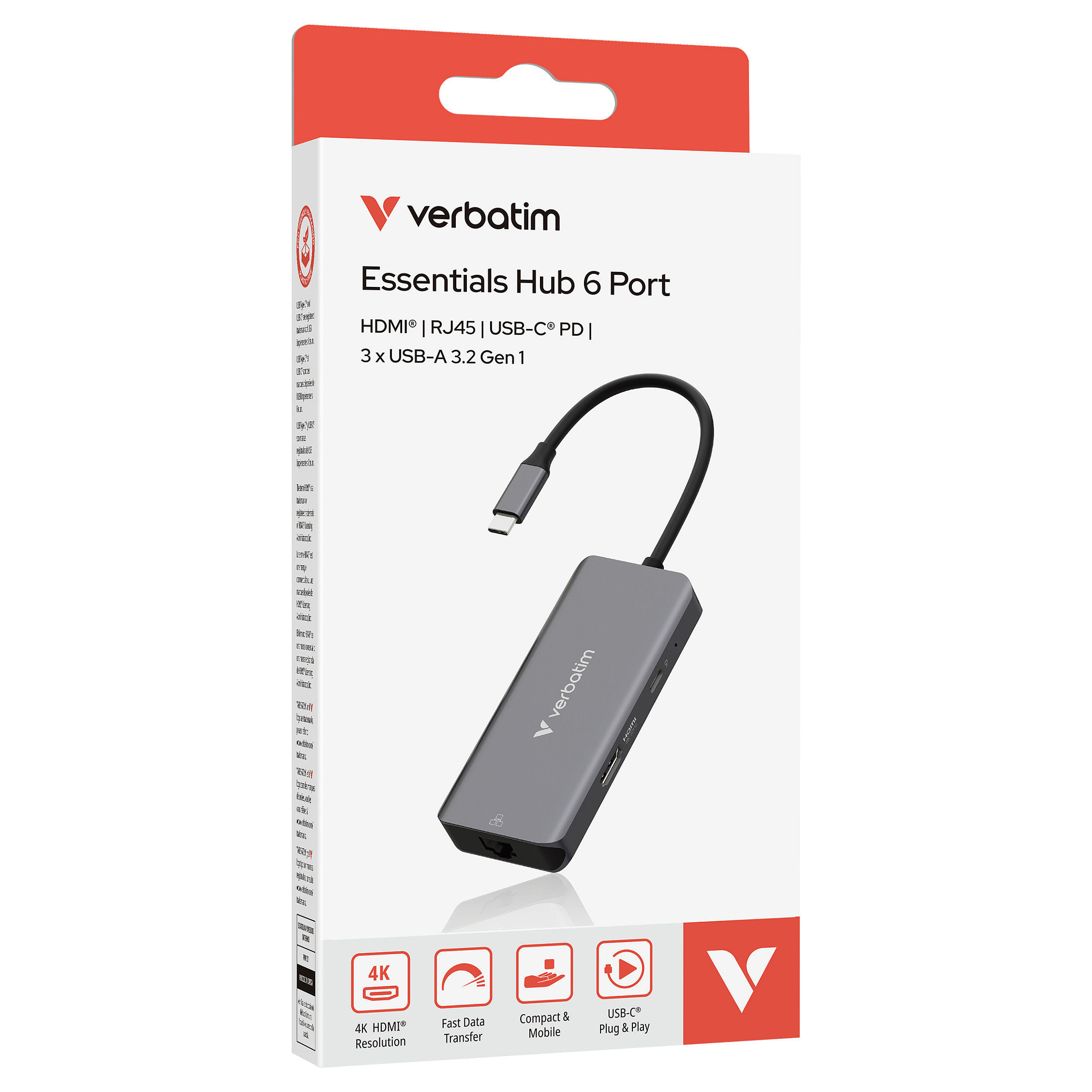 Hub USB-C Verbatim 32157, 6 Porta, HDMI 4K 30Hz, 3x USB-A 3.2 Gen 1, Gigabit Ethernet, USB-C PD 100W – Gri 3