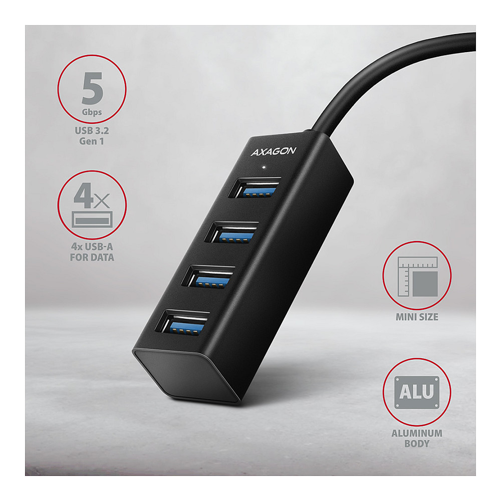 Hub USB-A AXAGON HUE-M1A, 4x USB-A, USB 3.2 Gen 1, 5Gbps, kabllo 20 cm - Zezë 2
