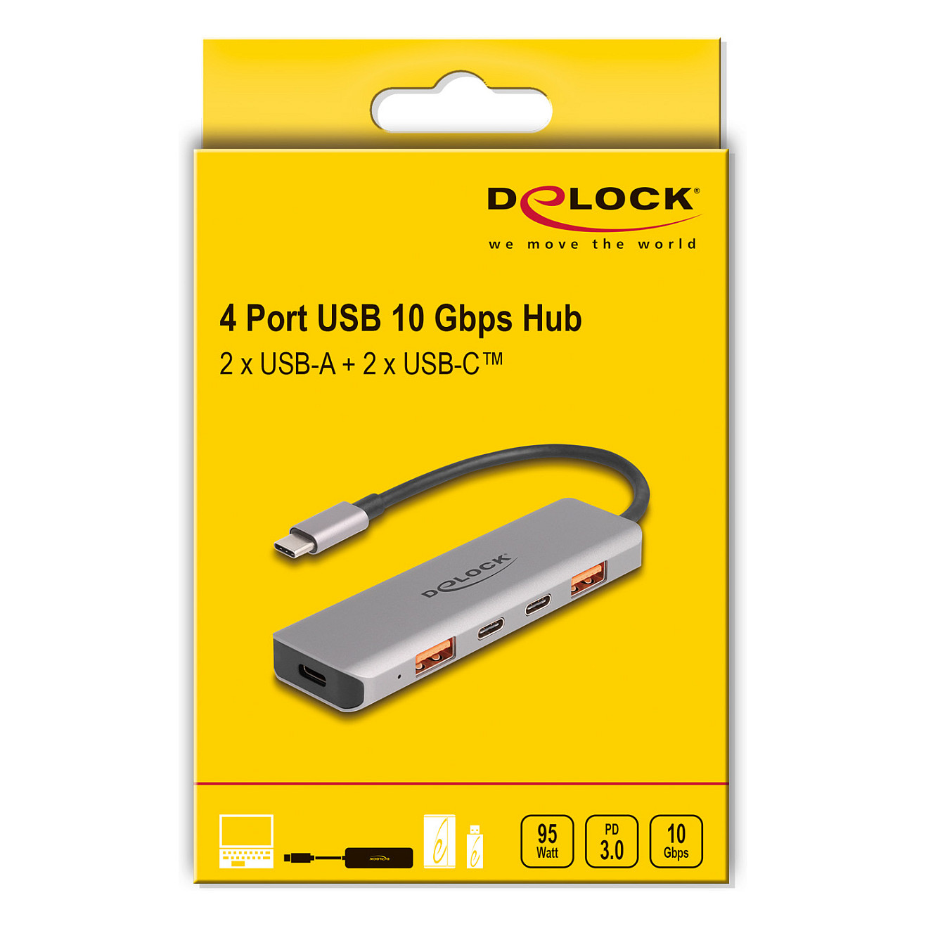 Hub USB DeLOCK 64302 / USB 10 Gbit/s / 2x USB-A + 2x USB-C / Power Delivery 95W / 0.15 m - Gri 3