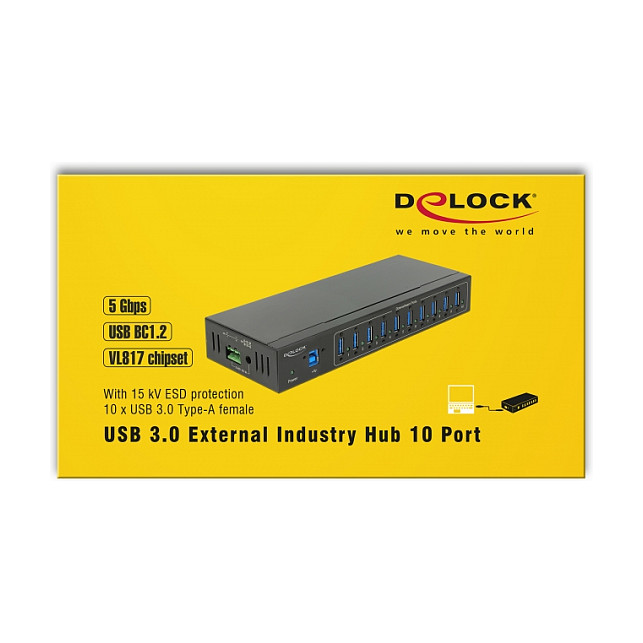 Hub DeLOCK 63919, 10x USB-A, USB 5Gbps, USB-B, 9–40V DC, 20kV ESD, Metal, Montim në Mur - Zezë 6