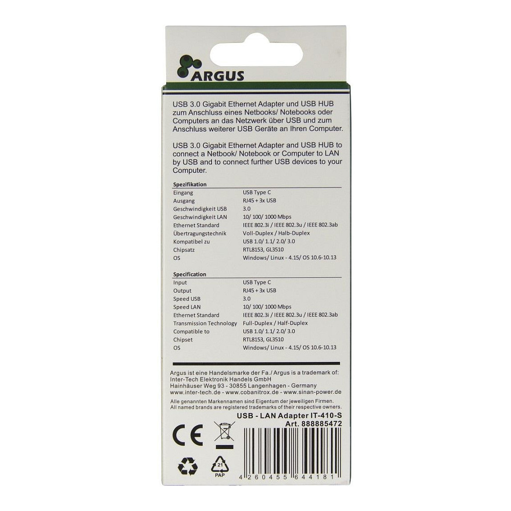 Hub USB Inter-Tech Argus IT-410-S / USB Type-C / 3× USB 3.0 / Gigabit LAN / RJ45 - Gri 3