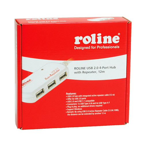 Hub ROLINE 12.04.1085, 4x USB-A, USB 2.0, 480Mbps, Repeater, 12m - Bardhë 2