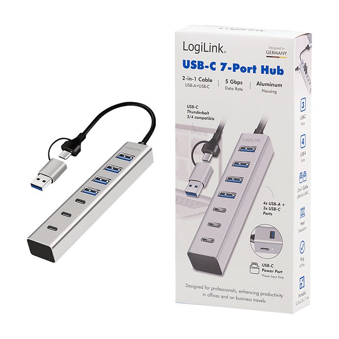 Hub USB LogiLink UA0442, 4x USB-A, 3x USB-C, 5Gbps, kabllo 2-në-1 - Argjend 5