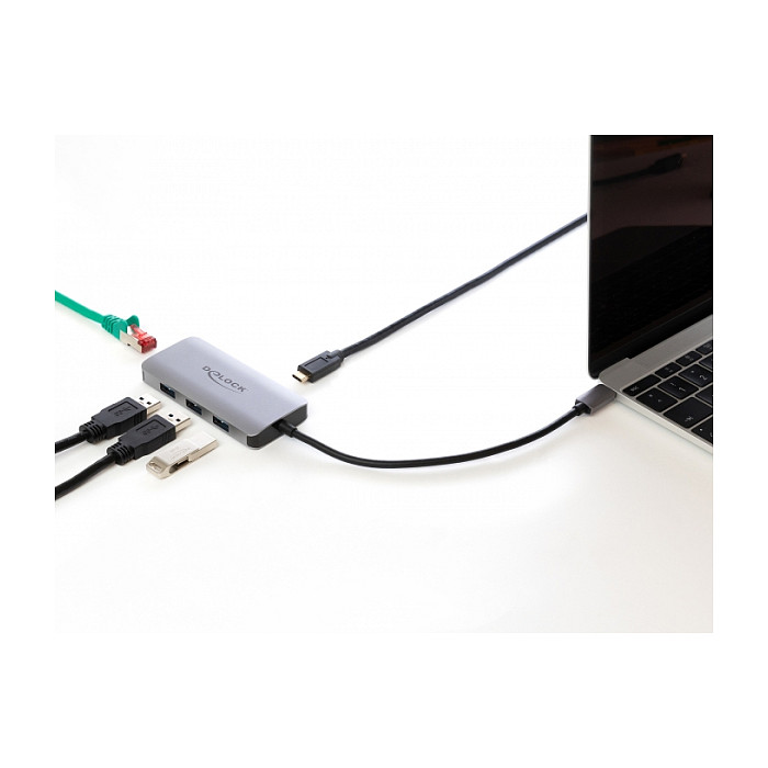 Hub DeLOCK 63252, USB-C Mashkull, 3x USB-A 5Gbps, USB-C PD 100W, Gigabit LAN - Gri 3