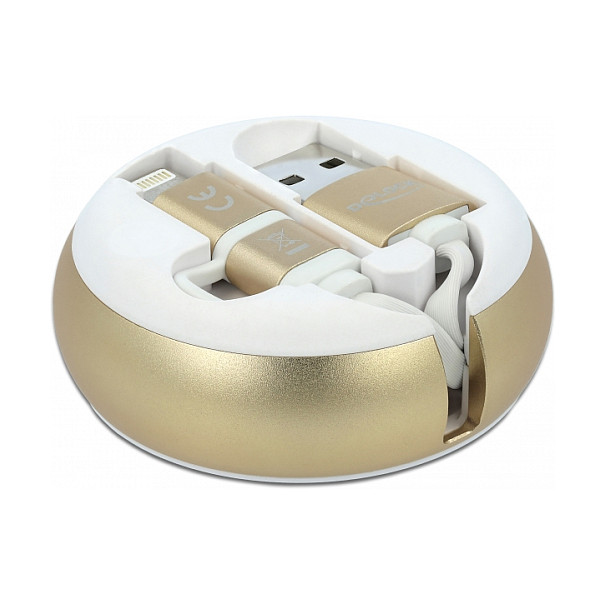 Kabllo USB DeLOCK 85820, USB 2.0 Type-A mashkull në Micro-B mashkull dhe Lightning mashkull, kabllo e tërheqshme 2 në 1, 0,92 m - Bardhë/Ari 2