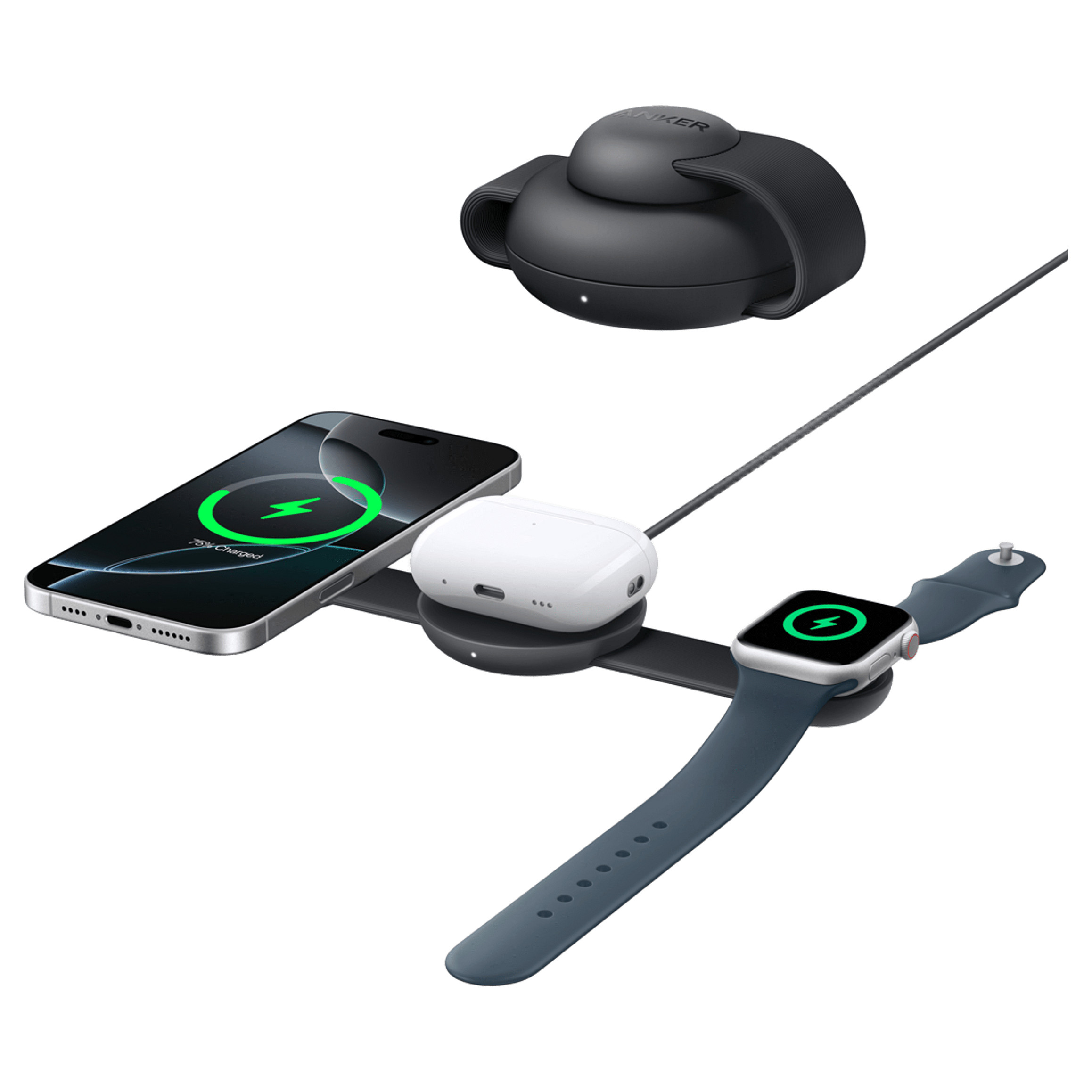 Karikues për Telefona Anker MagGo B25M8H11, 3-në-1, Qi2, 15W, Wireless, i Palosshëm - Zezë