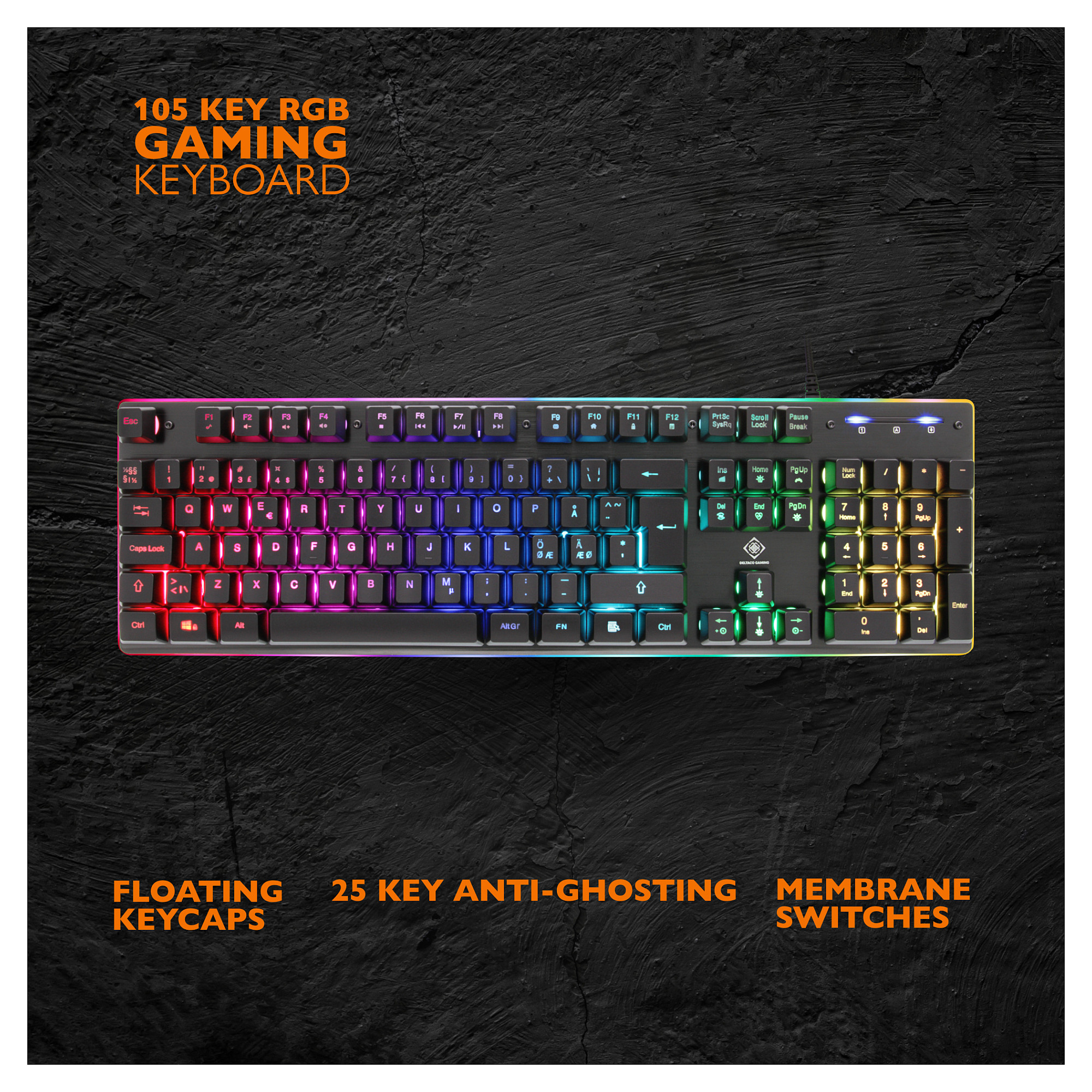 Tastierë Gaming DELTACO GAMING GAM-021-RGB, USB, Membranë, 105 Taste, RGB, Anti-Ghosting 25 Taste, 125 Hz, Kabllo 1.8 m – Zezë 2