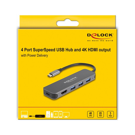 Hub USB DeLOCK 64171 / USB-C / 3x USB-A / HDMI 4K @ 30Hz / USB 5 Gbit/s / Power Delivery 85W / 0.15 m - Gri 4