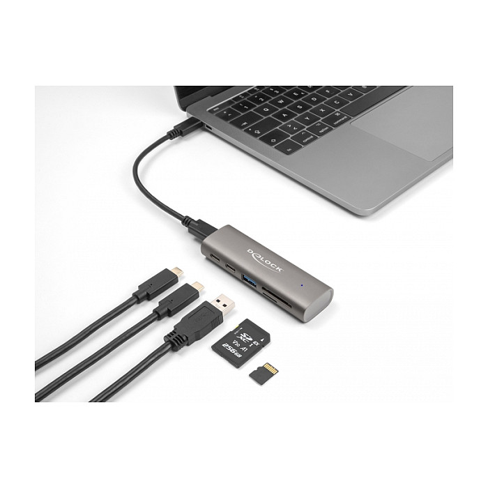 Hub USB DeLOCK 64236 / USB 10 Gbit/s / 2x USB-C + 1x USB-A / SD + Micro SD / 20 cm - Gri 3