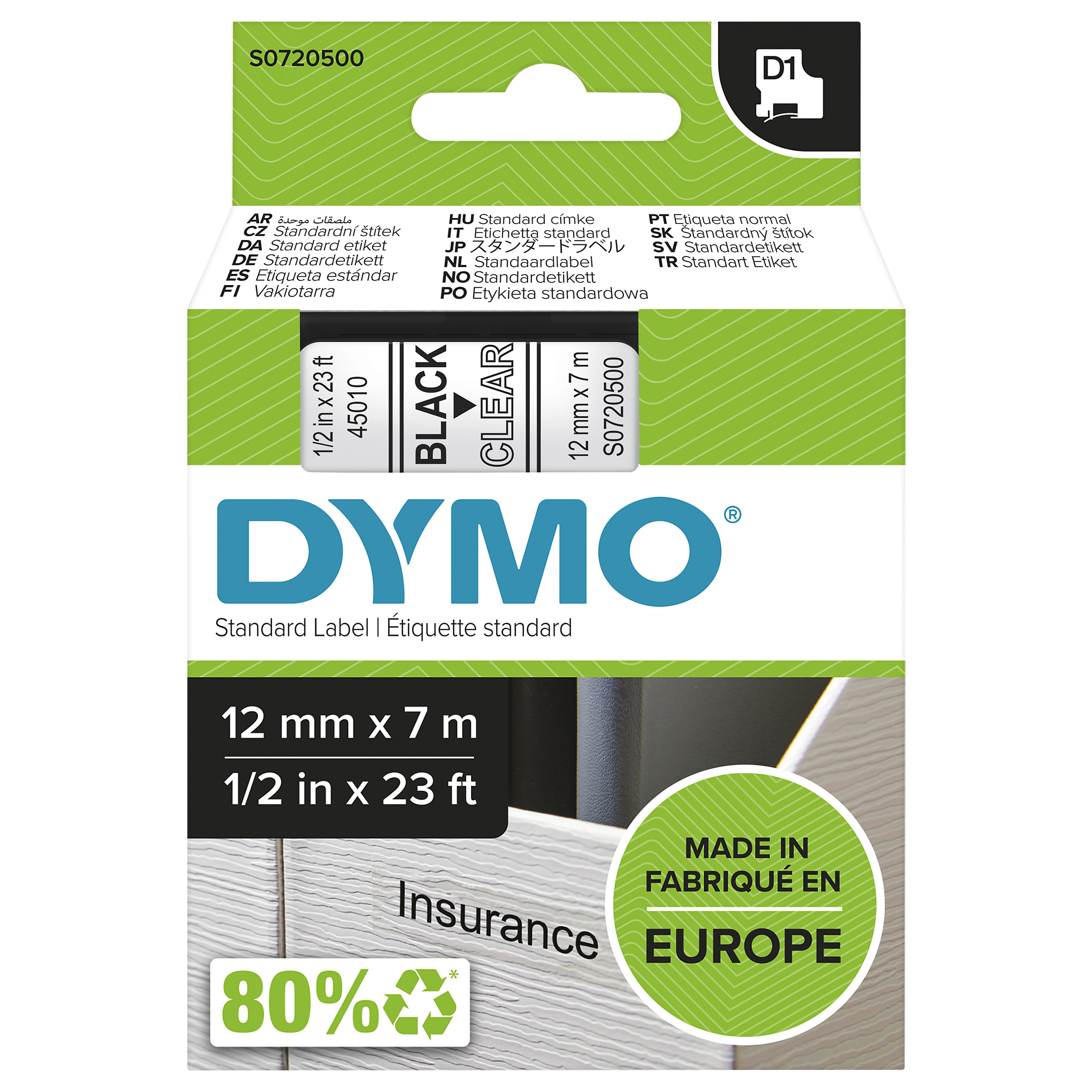 Shirit për Printer DYMO Rhino 18508 / Poliester / 9 mm × 5.5 m / Ngjitës Permanent / Shkrim i Zi mbi Transparent 9