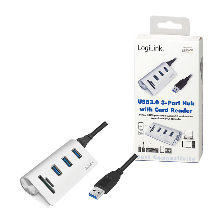 Hub USB-A LogiLink CR0045, 3x USB-A, USB 3.0, 5Gbps, Lexues Kartelash SD/microSD, alumin - Bardhë 9