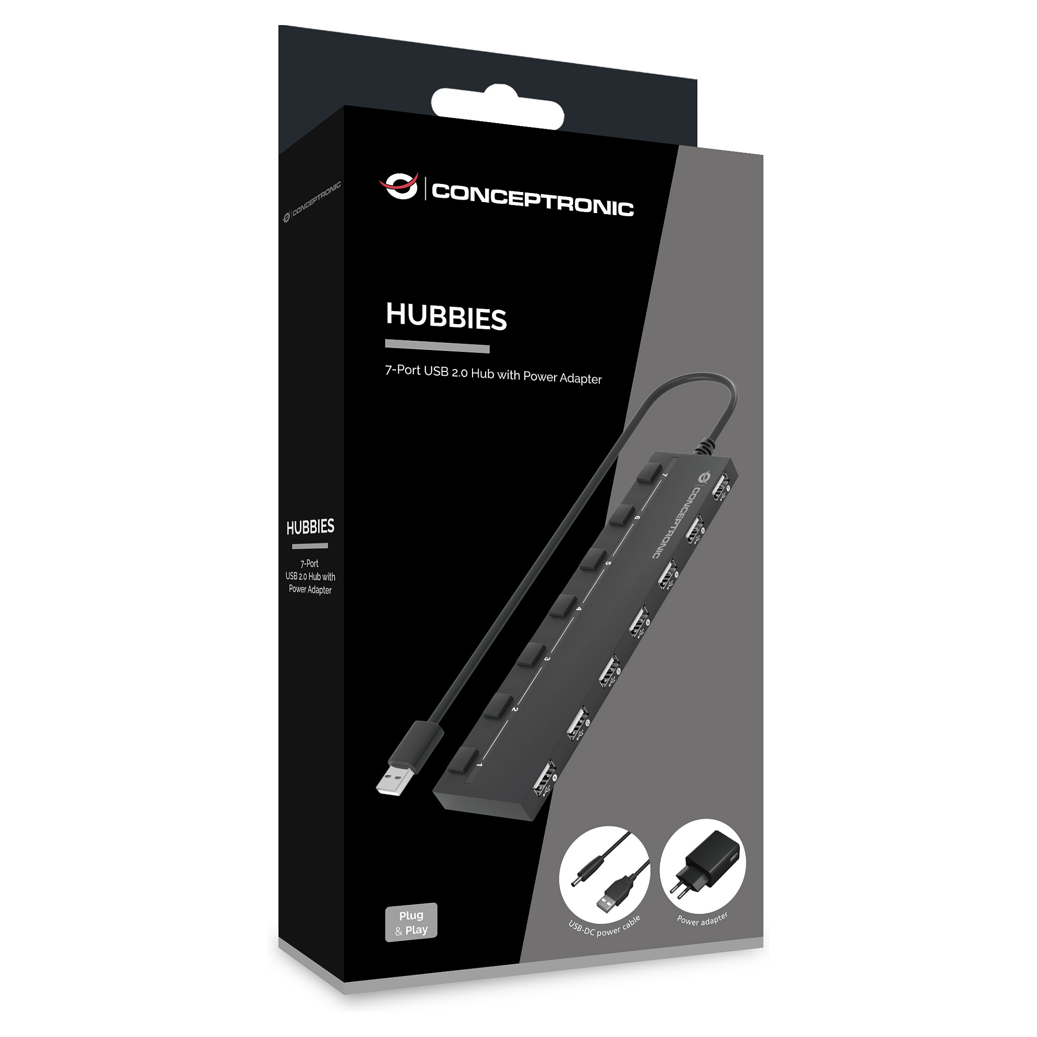 Hub USB Conceptronic HUBBIES08BP, 7x USB 2.0, 480Mbps, furnizim i jashtëm, çelësa individualë - Zezë 3
