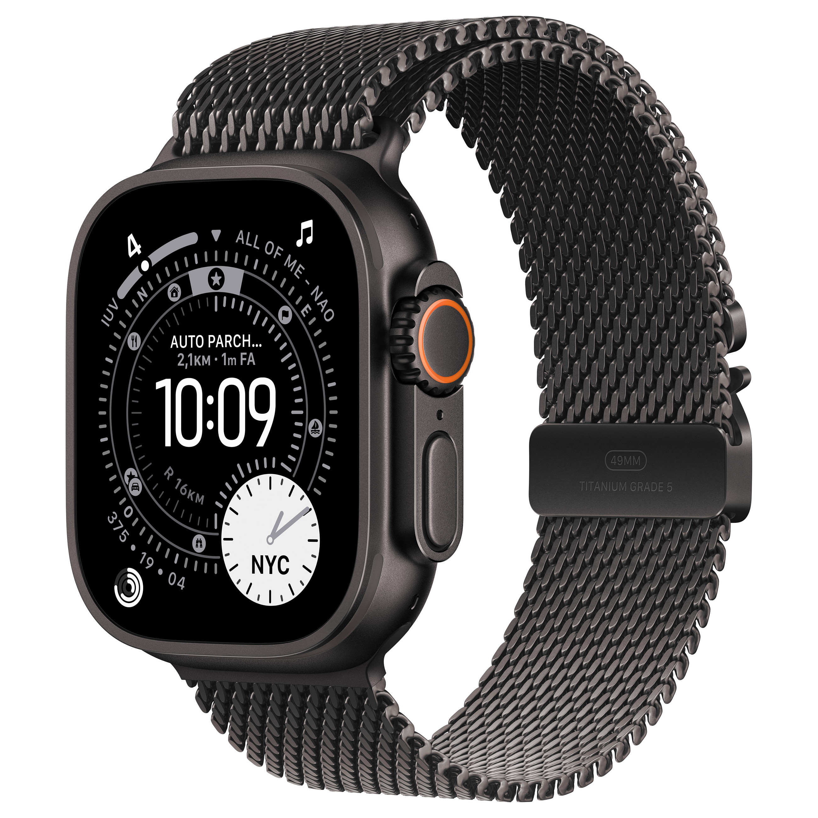 Apple Watch Ultra 3 / 49mm / Cellular / Titanium Black Case with Black Titanium Milanese Loop Band – Medium