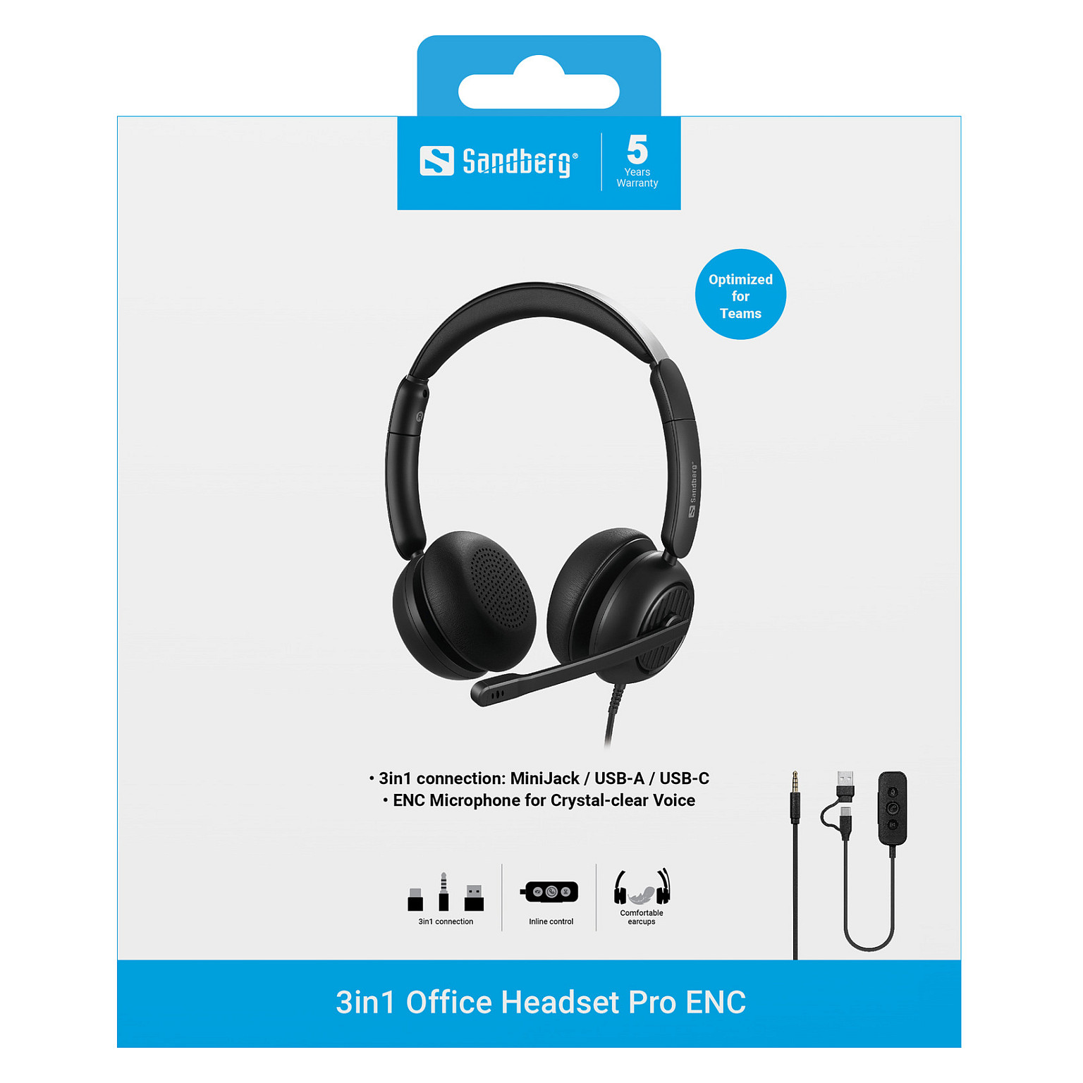 Kufje me kabllo Sandberg 3in1 Office Headset Pro ENC 126-54 / 3.5mm / USB-A / USB-C / 40mm / 20-20000Hz / ENC / Mikrofon / 1.2m - Zezë 3