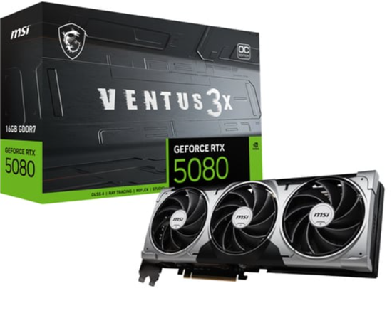 Kartelë Grafike MSI GeForce RTX 5080 Ventus 3X OC, 16GB GDDR7, 256-bit, 360W, 3x Ventilatorë, 3x DisplayPort 2.1b, 1x HDMI 2.1b - Zezë