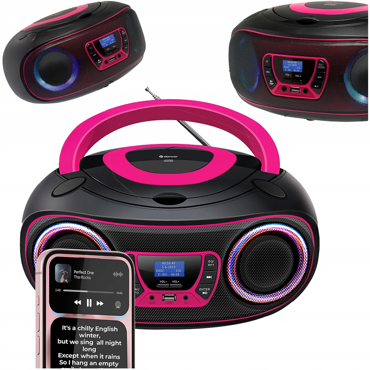 Altoparlant Denver TDB-212P, 2 × 1.8W RMS, DAB+, FM Radio, Bluetooth 5.0, CD, USB, AUX, LED - Rozë 2