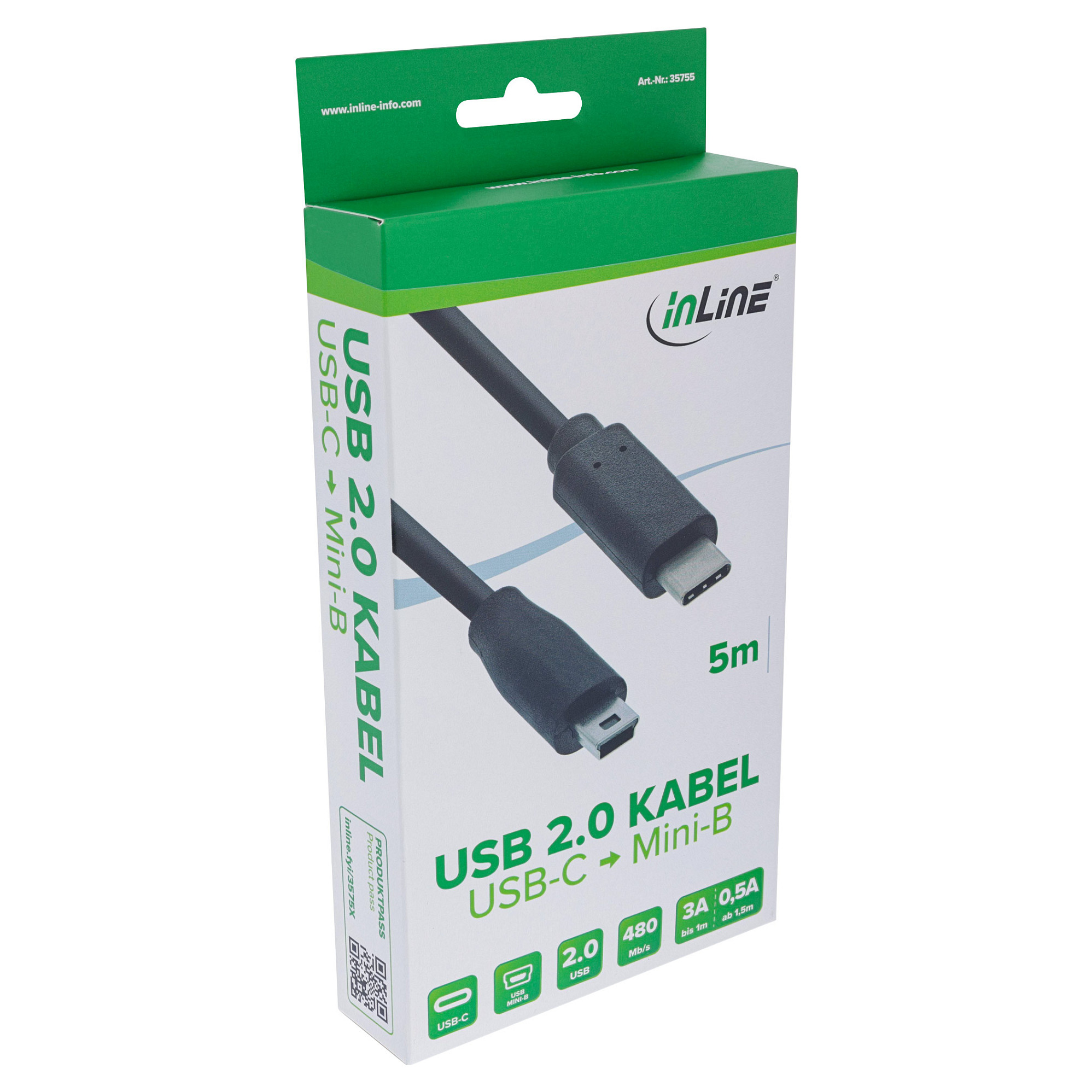 Kabllo USB InLine 35755, USB-C në USB Mini-B, 5 m, USB 2.0, 480 Mbps - Zezë 2
