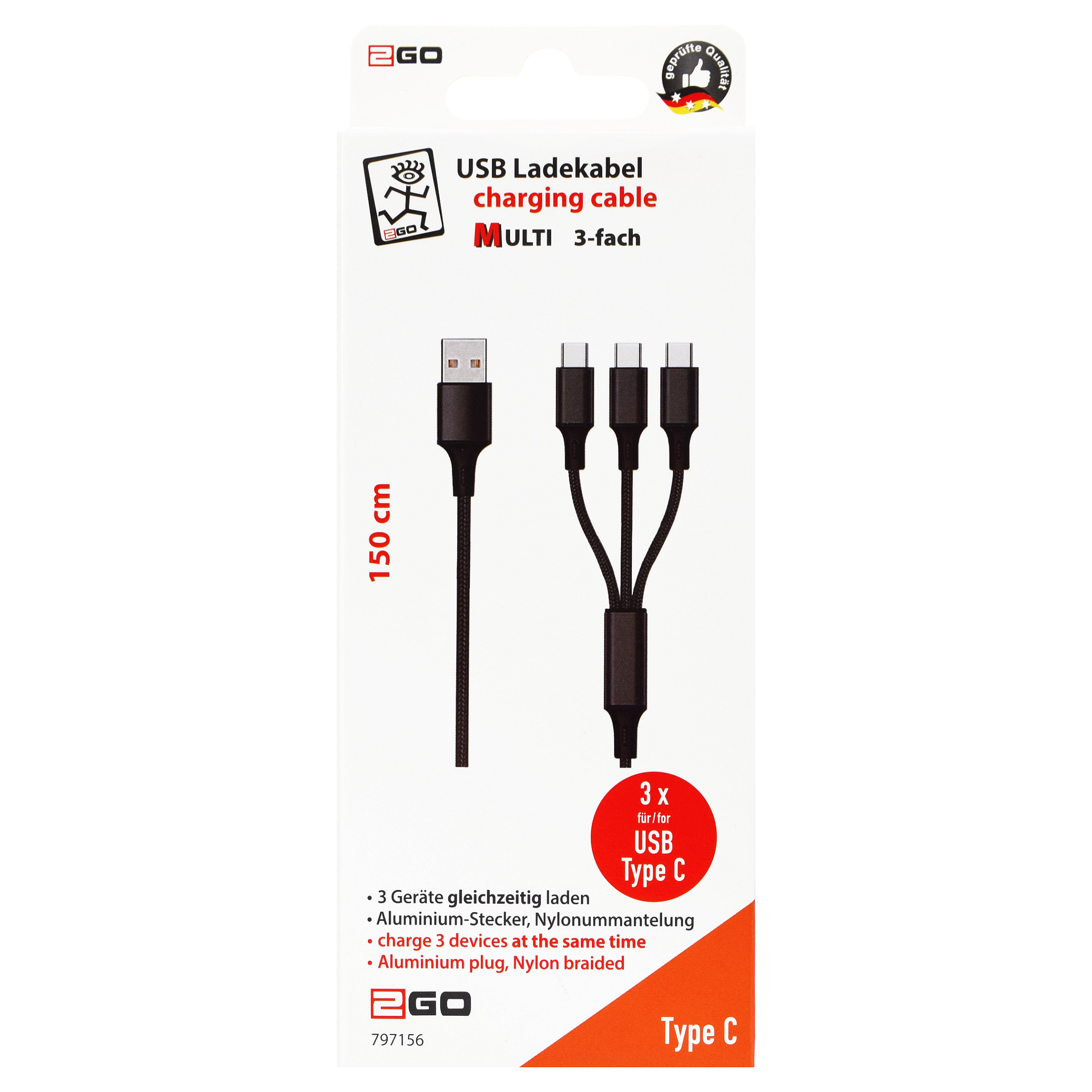 Kabllo 2GO 797156, USB-A në 3x USB-C, 1.5 m, 3A, për Karikim - Zezë 2