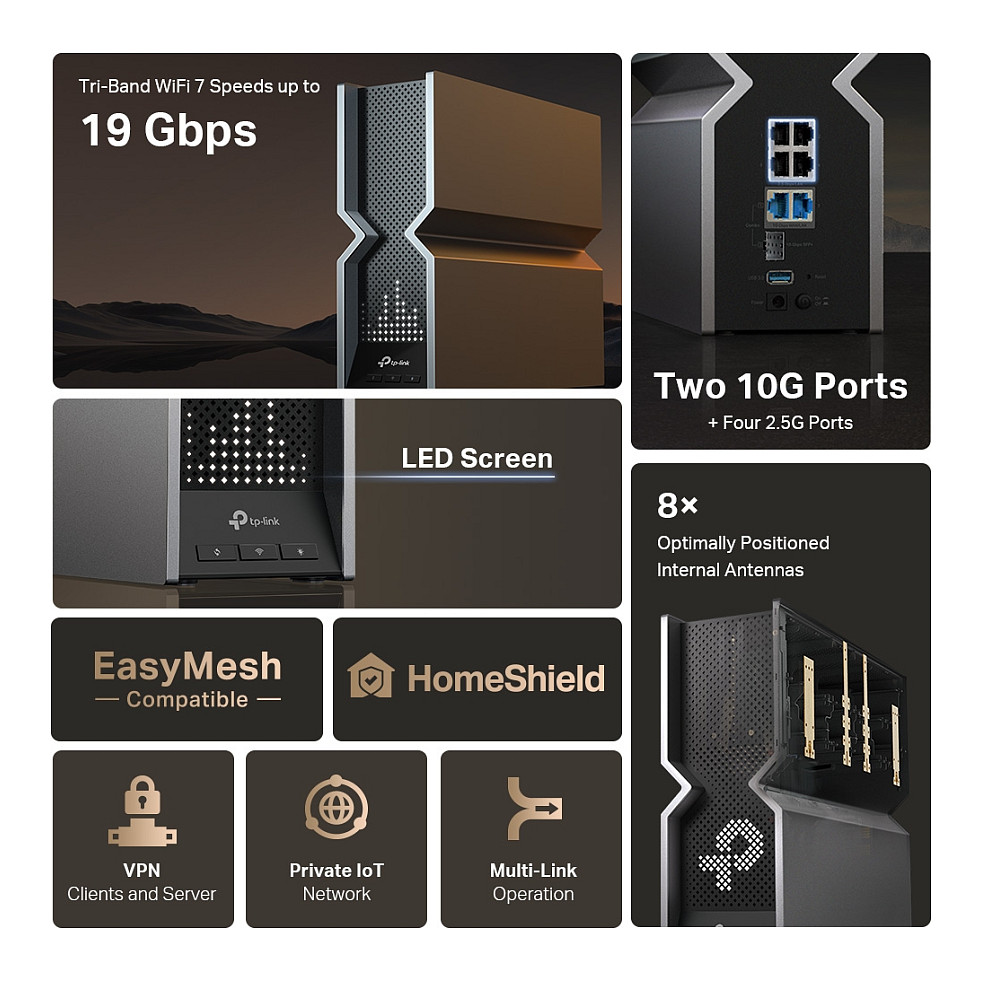 TP-Link Archer BE800 Ruter Wi-Fi 7 BE19000 Tri-Band, deri 18.656Gbps, 1× 10Gbps WAN/LAN, 1× 10Gbps SFP+/RJ45 Combo, 4× 2.5Gbps LAN, USB 3.0 – E zezë/Gri 9