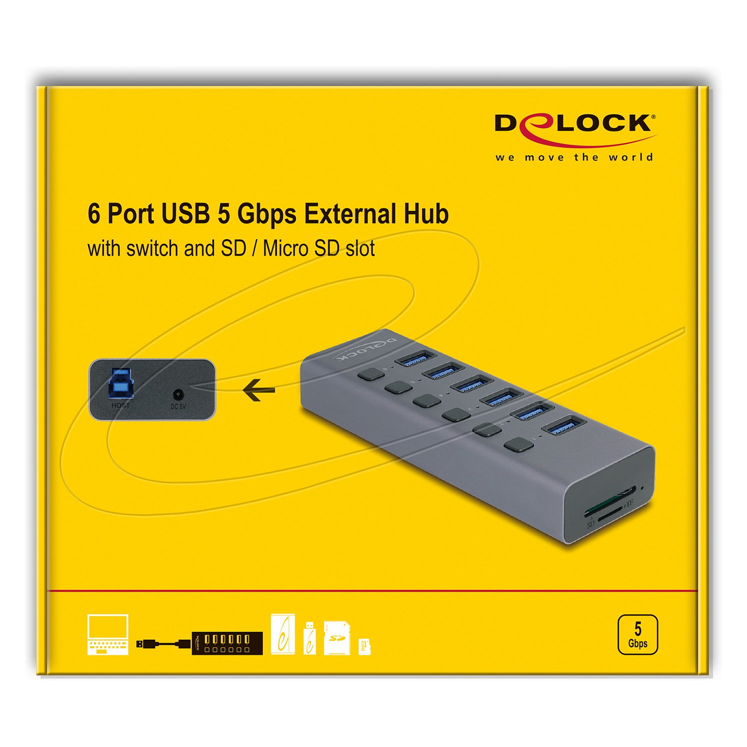 Hub DeLOCK 64237 , 6x USB-A , USB 5Gbps , Lexues SD dhe MicroSD , Ndërprerës Individual , USB-A dhe USB-C , 20W - Gri 5