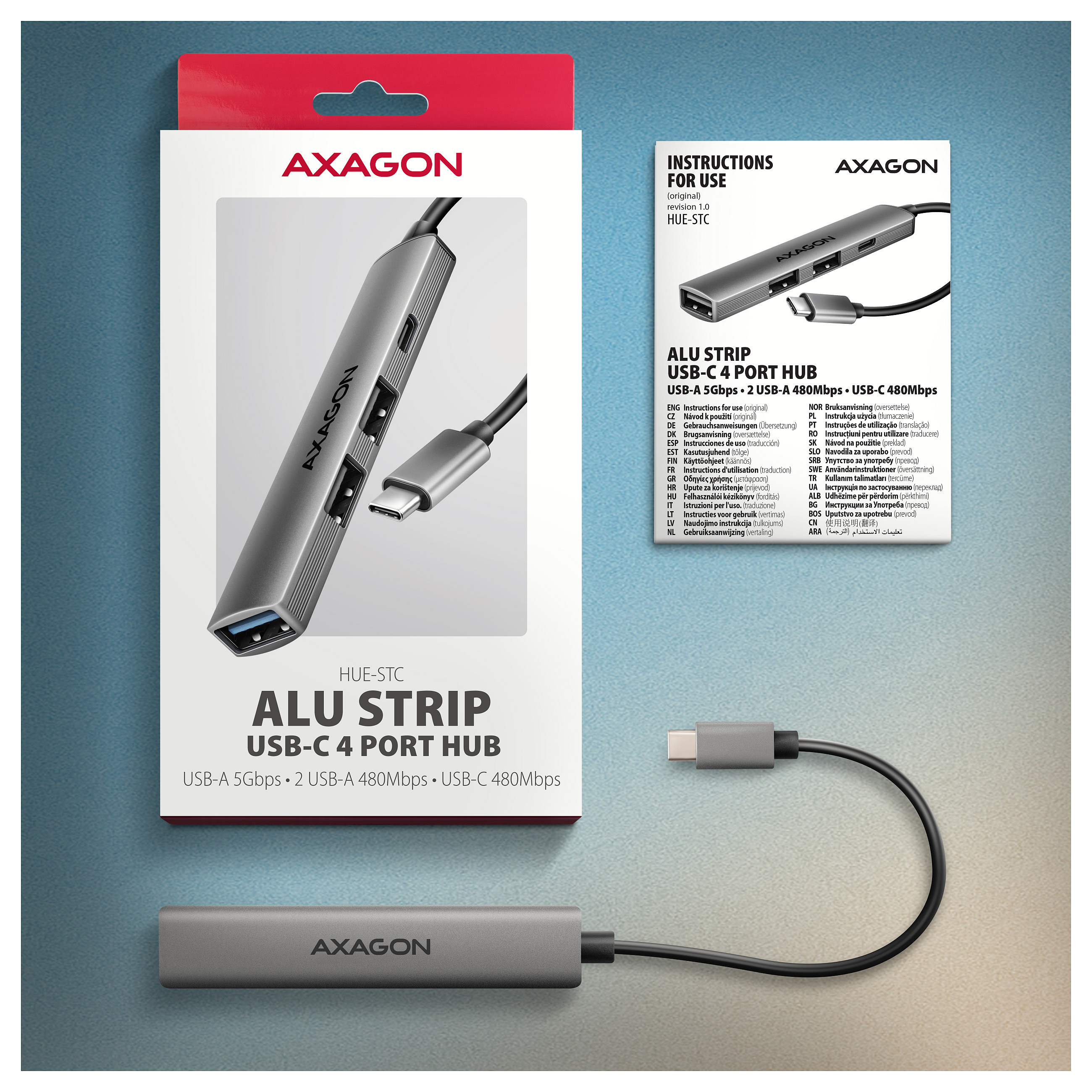 Hub USB-C AXAGON HUE-STC, 1x USB-A 5Gbps, 2x USB-A 480Mbps, 1x USB-C 480Mbps, kabllo 12 cm - Hiri 6