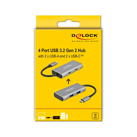 Hub USB DeLOCK 63260 / USB 10 Gbit/s / 2x USB-A + 2x USB-C / USB-C / Aluminium / 0.12 m - Gri 5