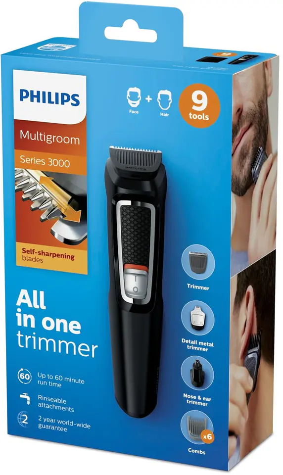 Makinë e Rrojës Philips Multigroom Series 3000, MG3740/15, 9-në-1, 9 Aksesorë, Tehe Vetë-Mprehëse, 60 Minuta, Ni-MH - Zezë 2