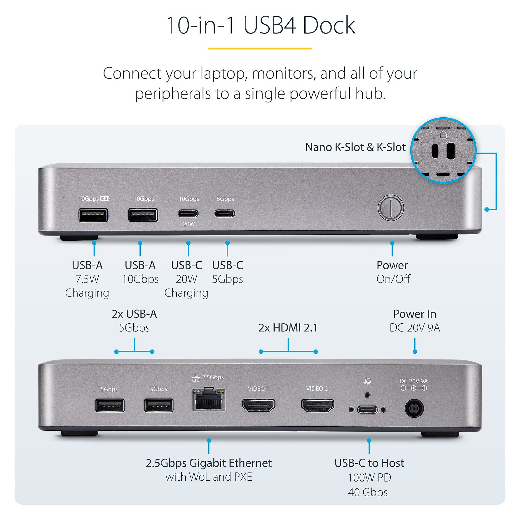 Docking Station USB4 StarTech Dual 4K Dock / 100W PD / 3xUSB-A / 2xUSB-C / 2xHDMI – Argjend thumbnail 3