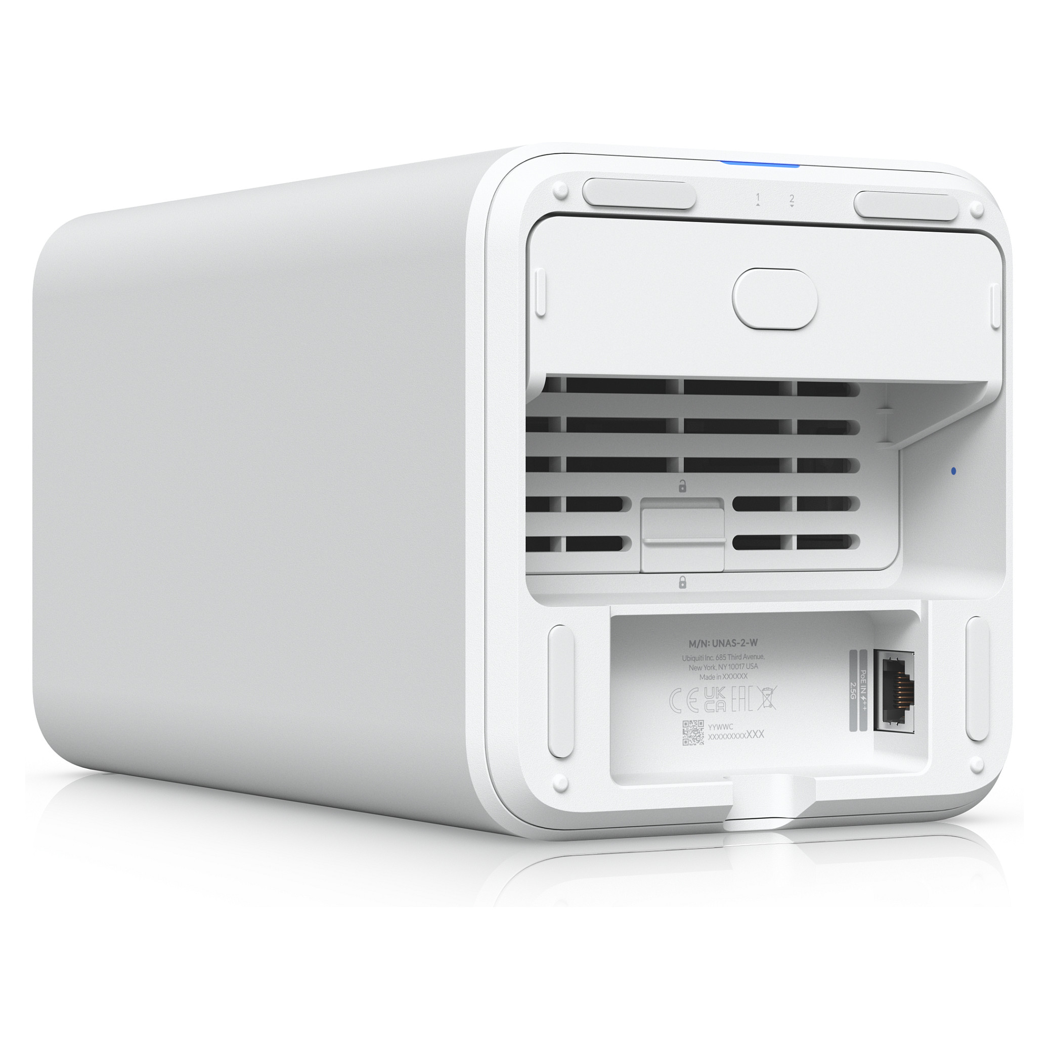 Ubiquiti UniFi UNAS-2-W – 2-Bay NAS, 2x SATA HDD, RAID 1, 2.5GbE, USB-C, PoE++, UniFi Drive Private Cloud 7