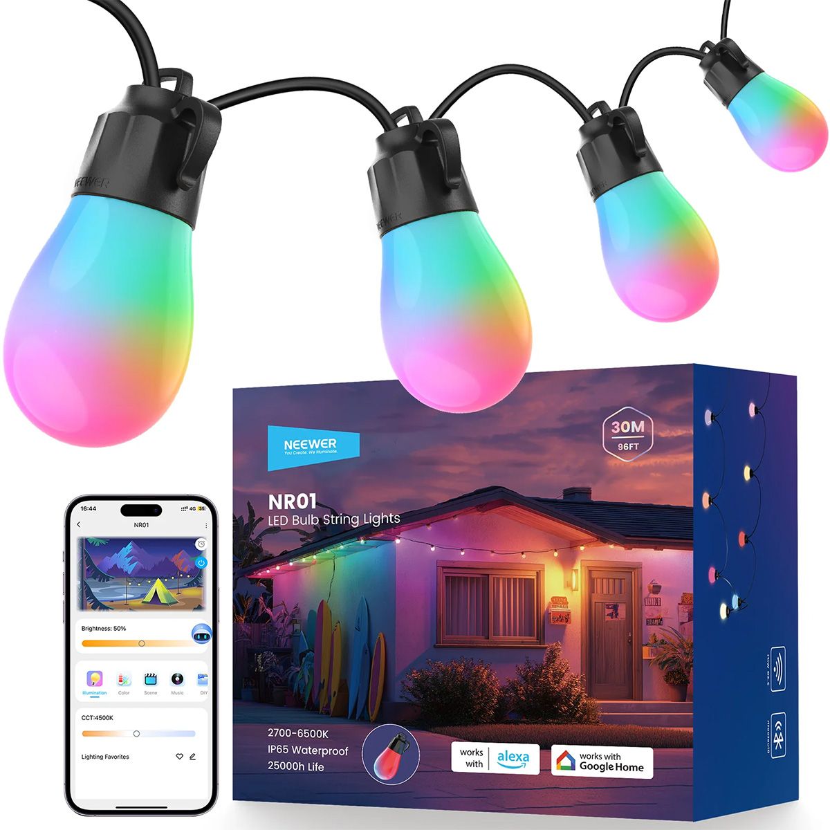Dritë e Mençur Neewer NR01-15, RGBW, 15m, 15 LED, 2700-6500K, IP65, Bluetooth - Zezë