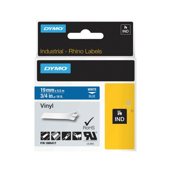 Shirit Printeri DYMO Rhino Industrial Vinyl, 1805417, 19mm × 5,5m, për Rhino 4200/5000/5200/6000 – Blu/Bardhë 2