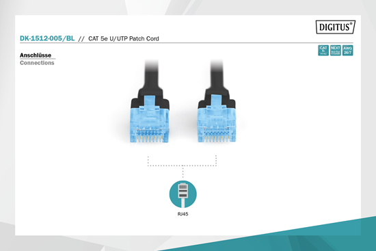 Kabllo për Rrjet Digitus DK-1512-005/B / Cat 5e / U/UTP / RJ-45 / 1000 Mbit/s / 0.5m - Zezë 2