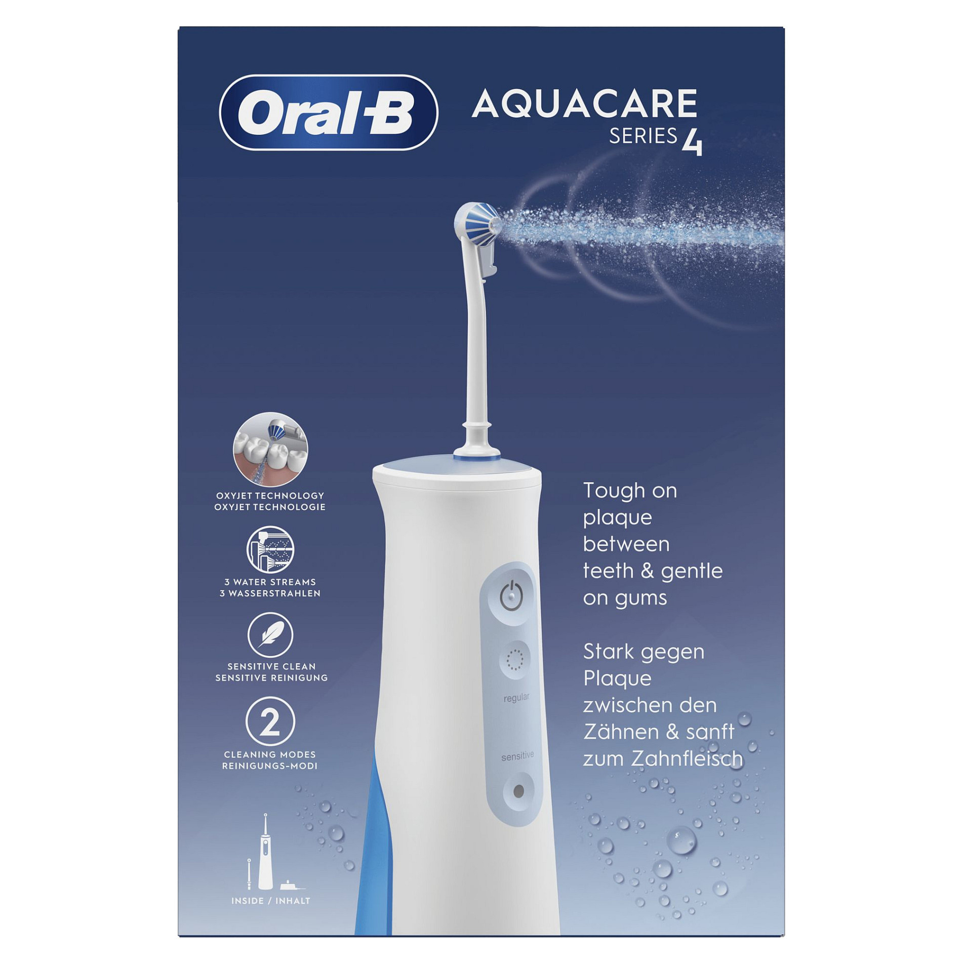 Pajisje për pastrimin e dhëmbëve Oral-B AquaCare 4 / Oxyjet / 2 Intensitete / 2 Rrjedhje Uji / 145 ml / Pa Kabllo – Bardhë
