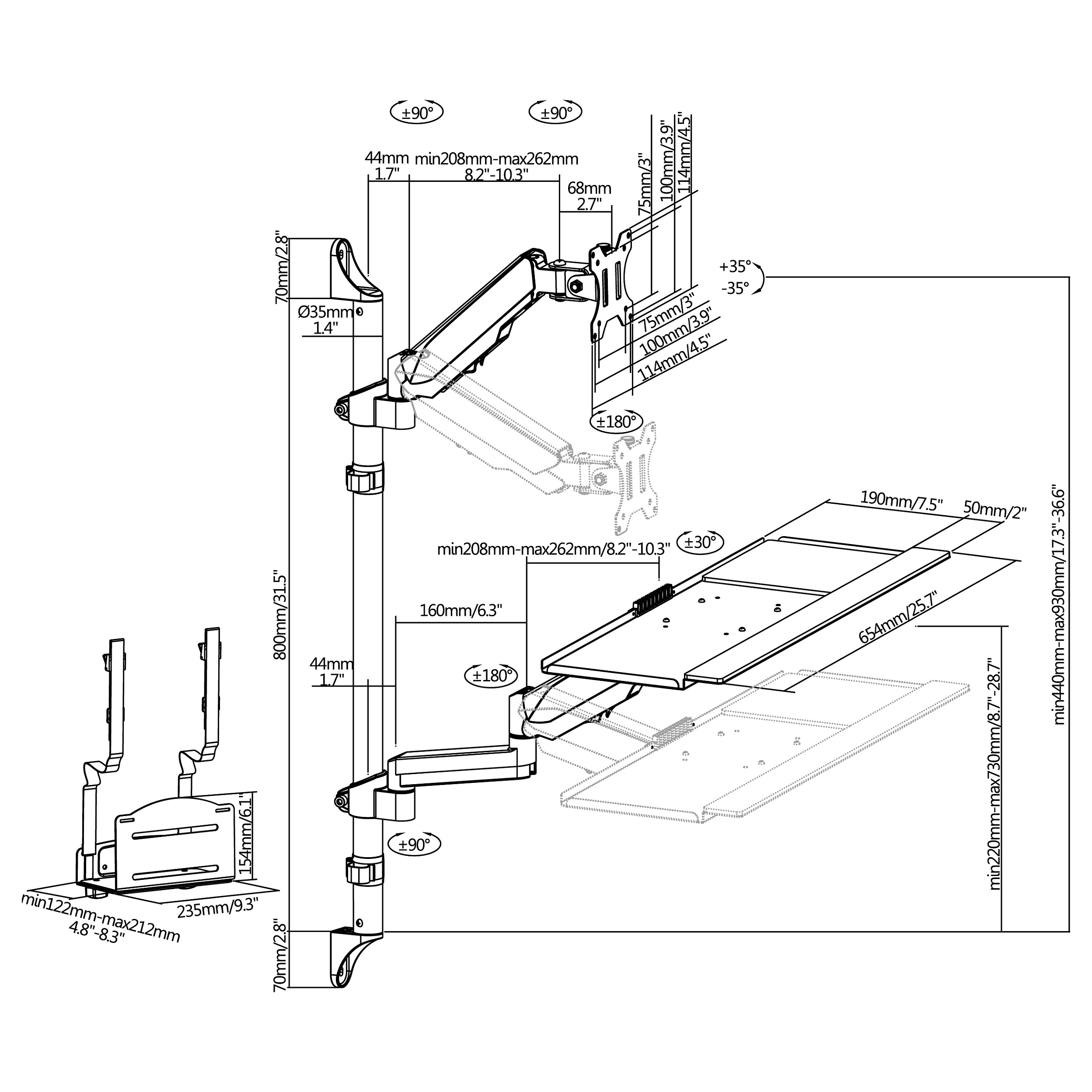 Mbajtëse për Monitor Equip 650170 / 1 Monitor / 17–32" / deri 8kg / VESA 75x75 & 100x100 / Gas Spring / Montim në Mur - Zezë 10