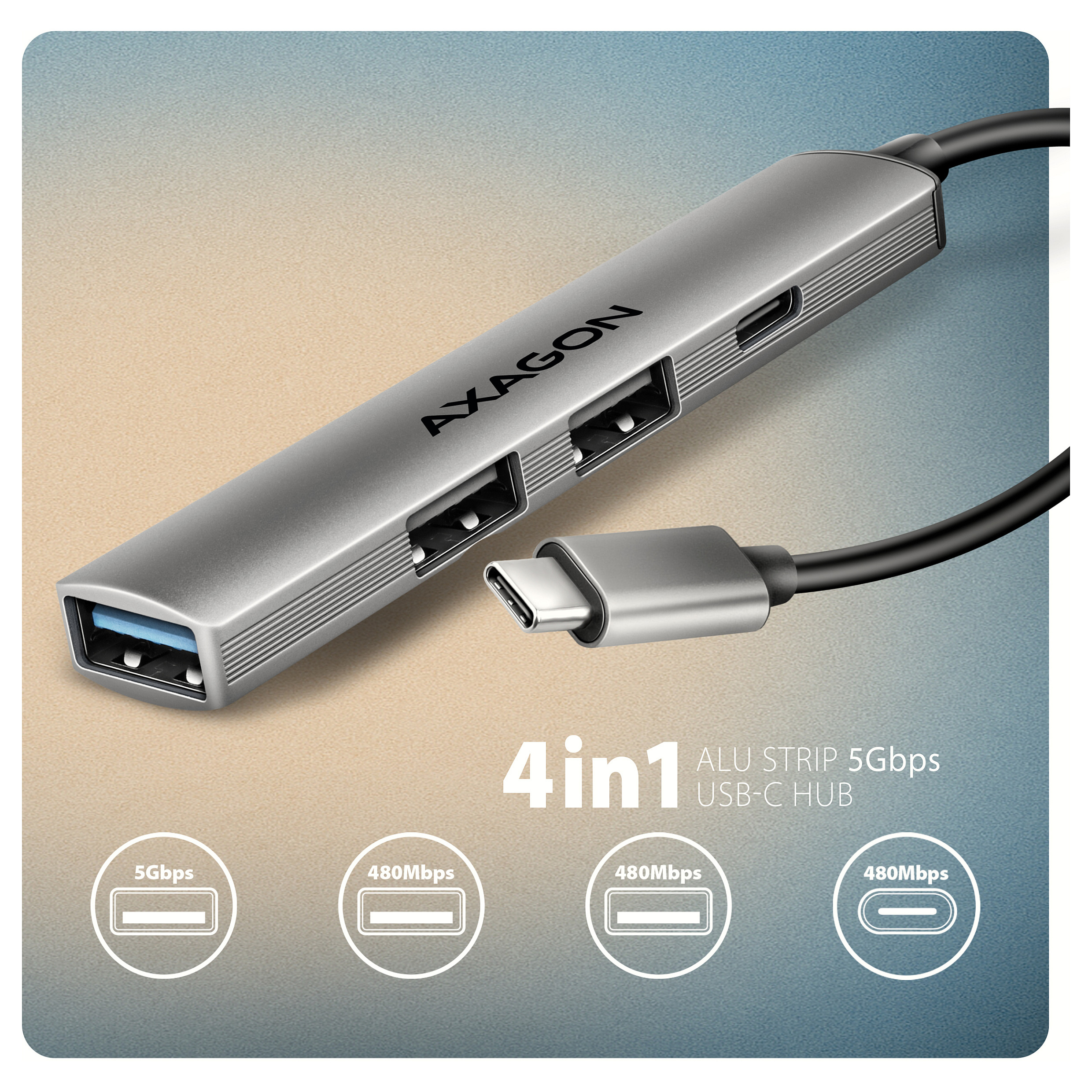 Hub USB-C AXAGON HUE-STC, 1x USB-A 5Gbps, 2x USB-A 480Mbps, 1x USB-C 480Mbps, kabllo 12 cm - Hiri 2