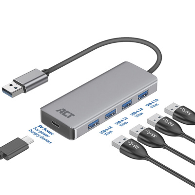 Hub USB-A ACT AC6121, 4x USB-A 3.2 Gen 1, 5 Gbps, Portë USB-C për Furnizim Shtesë me Energji, Kabllo 12 cm, Korpus Alumini – Gri 2