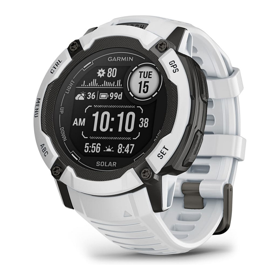 Orë e mençur Garmin Instinct 2X Solar, 50 mm, 1.1" MIP, 176 × 176, GPS Multi-Band, Karikim Solar, 10 ATM – Bardhë/Zezë