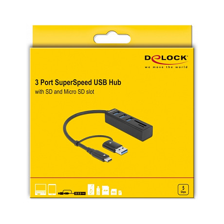 Hub USB DeLOCK 63859 / USB 3.2 Gen 1 / 3x USB-A / SD + Micro SD / 5 Gbit/s / 0.2 m - Zezë 2