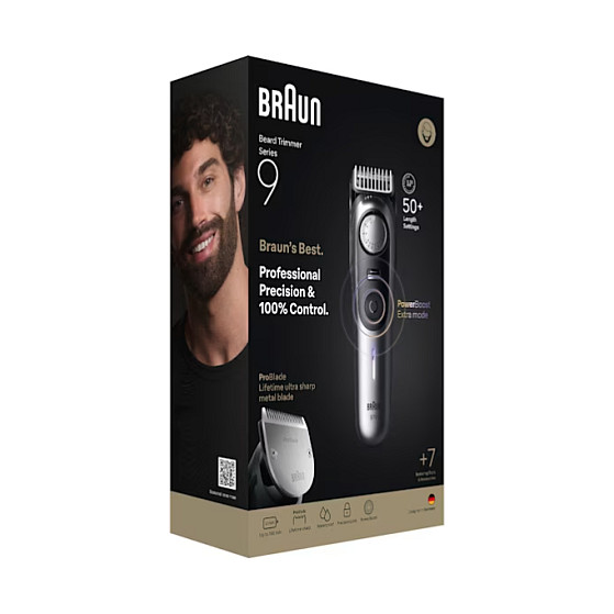 Trimer për mjekër Braun BeardTrimmer 9 BT9520, 52 nivele, 0.5–20 mm, Wet & Dry, 180 minuta - Zezë/Gri 2