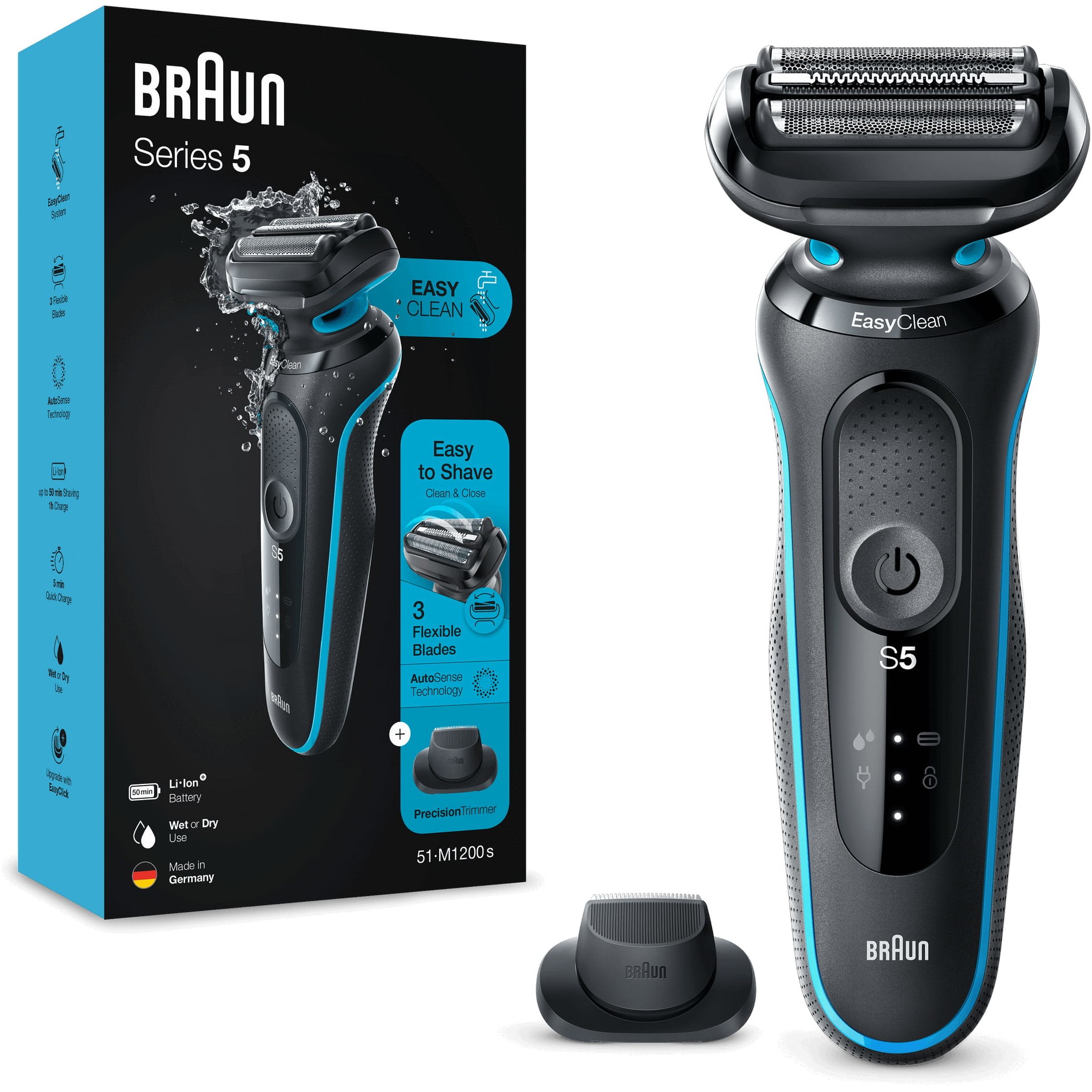 Makinë e rrojës Braun Series 5 51-M1200s, 3 elemente rroje, AutoSense, Wet & Dry, 50 minuta - Zezë/Blu 3