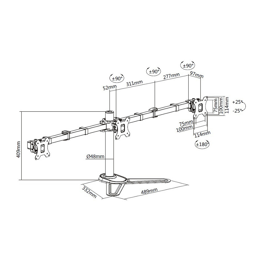 Mbajtëse për Monitor Equip 650125 , 3 Monitorë , 17–27" , deri 7kg për monitor , me sustë gazi , e rregullueshme , VESA 75x75 & 100x100 - Zezë 7