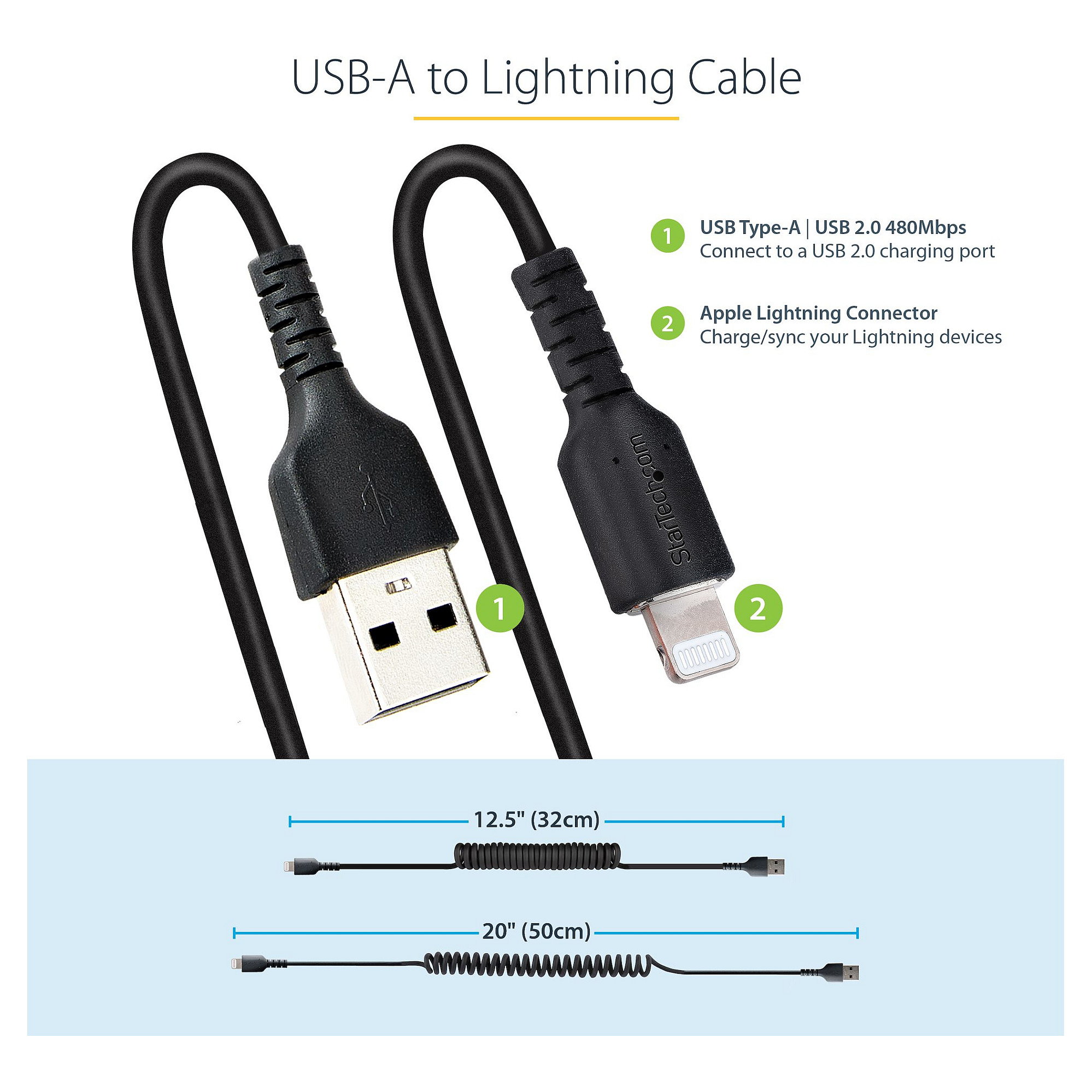 Kabllo USB StarTech.com RUSB2ALT50CMBC, USB-A në Lightning, 50 cm, USB 2.0, 480 Mbps, spirale, MFi - Zezë 8