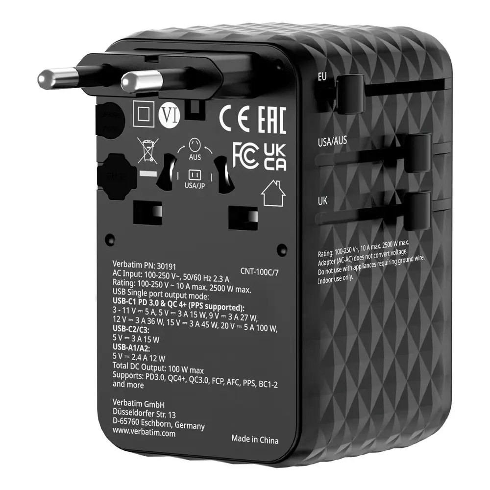 Adapter Universal për Udhëtime Verbatim Charge 'n' Travel 100W GaN III, USB-C, 2 x USB-C, 2 x USB-A, Kabllo USB-C e Integruar - Zezë 3